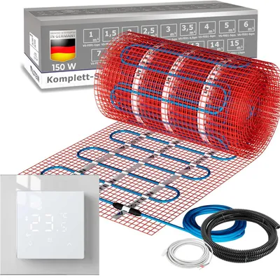 Produktbild von VILSTEIN® Elektrische Fußbodenheizung [150W/m²] - Bodenheizung Elektrisch geeignet für Laminat, Fliesen & mehr - Elektro Fussbodenheizung - Elektrische Heizmatte Fußboden - Thermostat weiß (30x0.5m - 15qm)