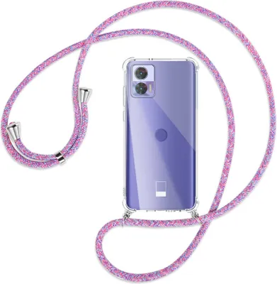 Produktbild von Handykette Backcover-Schutzhülle mit Band (Metall silberfarben) für Motorola Edge 30 Neo (Edge 30 Lite) - lila/rosa/blau