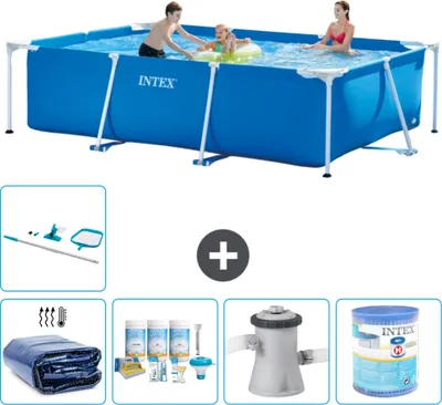 Zdjęcie produktu dla Basen Intex z prostokątną ramą - 300 x 200 x 75 cm - niebieski - zawiera markizę - pakiet konserwacyjny - pompę filtrującą do basenu - filtr - zestaw do czyszczenia