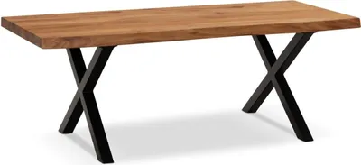 Produktbild von Couchtisch 120x60x46 cm Akazie Massivholz / Metall Baumkante, Design Wohnzimmertisch Rechteckig, Sofatisch Stubentisch Braun, Kaffeetisch mit schwarzen Beinen in X-Form