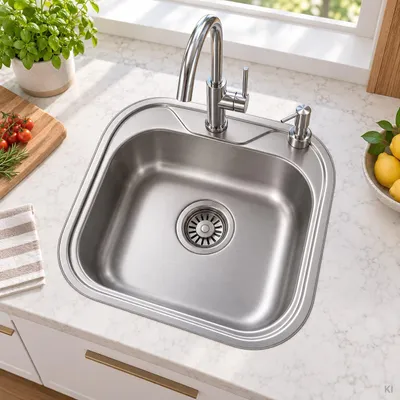 Produktbild von 48 × 48 cm Einbauspüle Edelstahl Komplettset mit Armatur & 500 ml Seifenspender