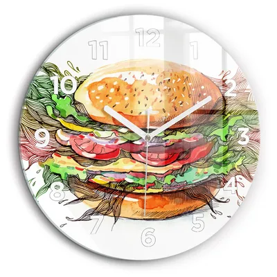 Produktbild von Wallfluent Große Wanduhr – Stilles Quarzuhrwerk - Uhr Dekoration Wohnzimmer Schlafzimmer Küche - Zifferblatt - weiße Zeiger - 60 cm - XXL-Käse-Burger