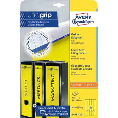 Productafbeelding van Avery Zweckform® L4751-20                       L4751-20 Etiketten voor ordners - smal/lang, (A4 - 20 vel) 100 stuks, geel