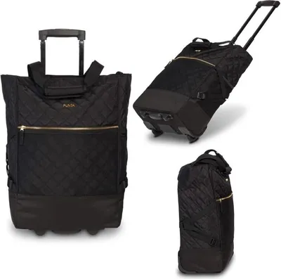 A collage of a black wheeled tote bag shown from different angles.
