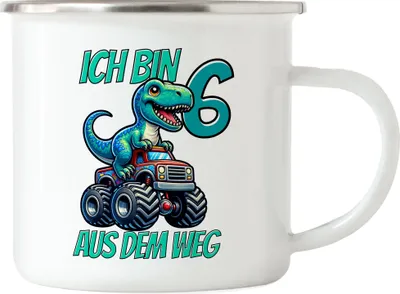 Produktbild von Kinder 6. Geburtstag Emaille Tasse Dino Dinosaurier Auto 6 Jahre Junge Monstertruck