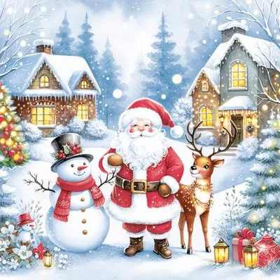 Produktbild von 20 Servietten Cozy Winter Scene with Santa - Santa mit Schneemann und Rentier 33x33cm