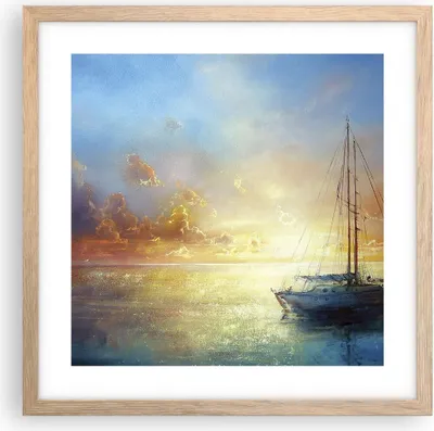 Produktbild von Gerahmtes Poster - Rahmen in heller Eiche - Segelboot Westen die Sonne - 40x40 cm - Wand Bild - Wanddeko - Wandbilder - Wandposter - Bilderrahmen - Bilder - Kunstdruck - Wandbild - P2NAC40x40-4145