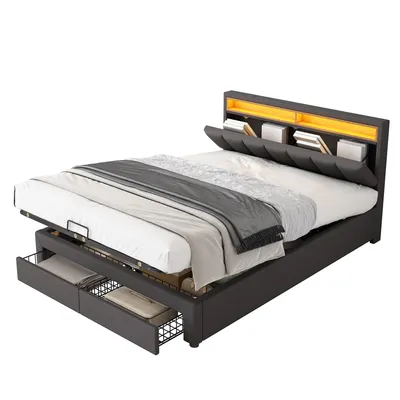 Produktbild von okwish 180×200 Polsterbett mit LED und Schubladen , Jugendbett mit Bettkasten und offenen Fächern, Doppelbett in Grau,ohne Matratze