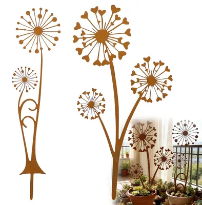 2er-Set Metall-Gartenstecker Löwenzahn, Rostoptik, 30 cm