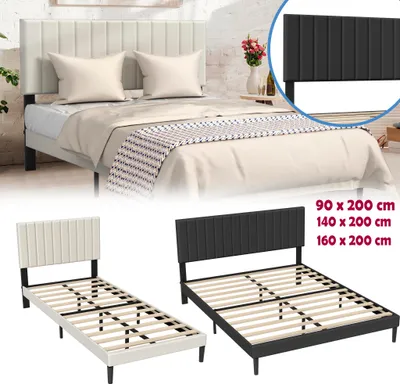 A collage of product images showing beds and bed frames in different colors and sizes, with text indicating dimensions.