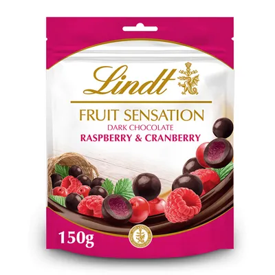 Obrázok produktu pre SENSATION FRUIT Bonbóny z horkej čokolády plnené ovocnou zložkou maliny a brusnice 150g
