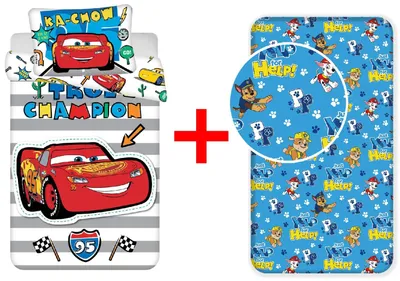 Produktbild von Disney Cars Lightning McQueen Bettwäsche-Set 100x135 cm + Paw Patrol Spannbetttuch 90x200 cm, Cartoon, Baumwolle - Geschenk-Set