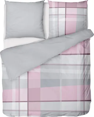 A top-down view of a duvet and pillow set with a pink and gray plaid pattern.