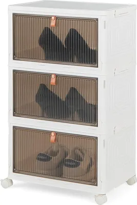 Produktbild von GOPLUS Aufbewahrungsbox mit Deckel, Stapelbare Ordnungsbox mit Türen, Transparent Klappbox mit Rollen, Schuhboxen Ordnungsboxen für Wohnzimmer & Schlafzimmer (3 Ebenen)