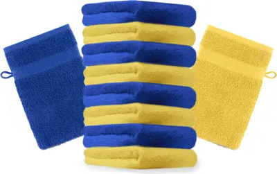 Produktbild von Betz 10 Stück Waschhandschuhe PREMIUM 100% Baumwolle  16x21 cm Farbe gelb und royalblau