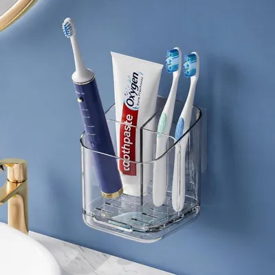 Immagine prodotto di Portaspazzolini da parete, senza foratura, triplo, smontabile, organizer in plastica trasparente