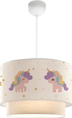 Immagine prodotto di Lampada a sospensione per bambini 'Lurgan' regolabile in altezza con paralume in tessuto con motivo a unicorno, bianco