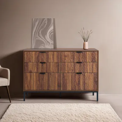 Produktbild von Kommode mit 6 Schubladen aus MDF mit dunklem Holzmelamindekor - Oviala Dave