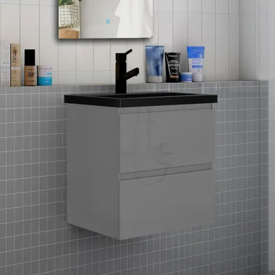 Produktbild von Badmöbel Set HUTI-Serie 60cm Schwarz Waschtisch mit Unterschrank Badezimmermöbel mit 2 Schubladen Hochglanz Dunkelgrau Hängeschrank