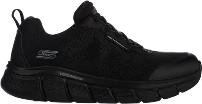 A side view of a black Skechers sneaker.