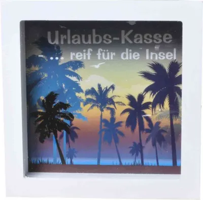 Produktbild von Bilderrahmen-Spardose "Urlaubs-Kasse...reif für die Insel" zum hängen, stellen, Rückwand abnehmbar