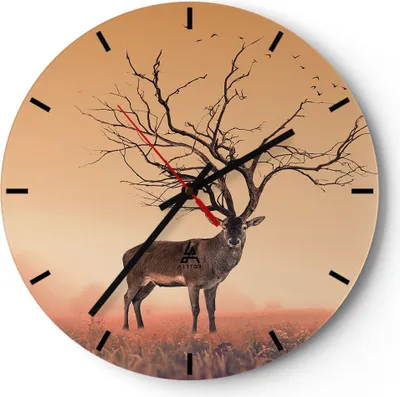 Produktbild von Wanduhr - Rund - Glasuhr - Hirsch Baum Nebel Wald - 40x40cm - Schleichendes Uhrwerk - Lautlos - zum Aufhängen bereit - Dekoration Modern - Wanddekoration aus Glas - C3AR40x40-3127