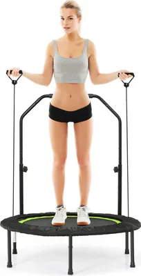 Produktbild von GOPLUS Fitnesstrampolin Indoor, φ101cm mini Trampolin mit verstellbarem Handlauf, klappbares Kindertrampolin bis 150kg belastbar, Grün