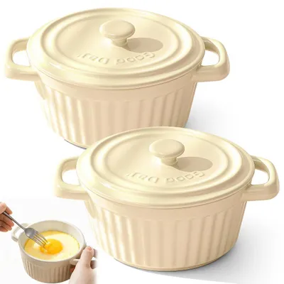 Mini-Cocotte-Set mit Deckel, Keramik, 250 ml, 2 Stück, beige