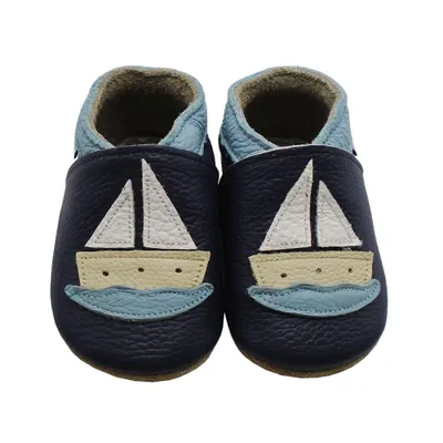 Produktbild von MEJALE® Baby Krabbelschuhe aus Echtleder, weiche Lauflernschuhe für Mädchen&Jungen, rutschfeste Ledersohle, Dunkelblau, Segelboot,Größe S (0–6 Monate)