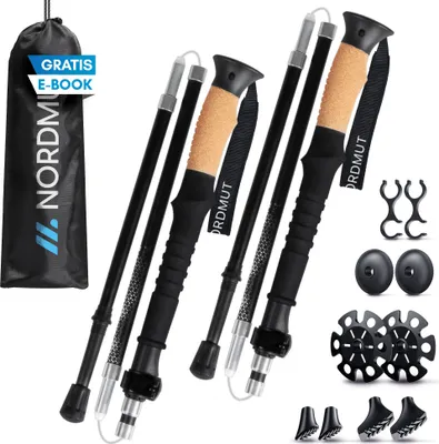 Produktbild von NORDMUT® Wanderstöcke faltbar – Ultraleichte Nordic Walking Stöcke Damen und Herren – Hochwertige Wanderstöcke Teleskop – Trekkingstöcke mit Gummipuffer-Set