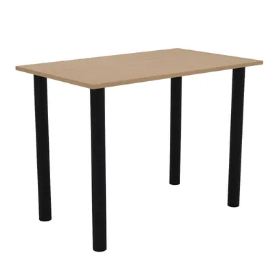A table with a light brown top and black legs, isolated on a white background.
