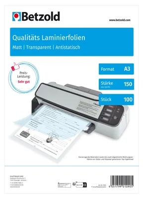 Produktbild von Betzold Laminierfolien DIN A3, 100 Stück, glänzend oder matt, Stärke: 150 mic, Oberfläche: matt