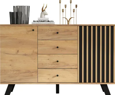 Produktbild von 120*38*75cm Wohnzimmer Sideboard,Hohldesign Schrank mit 4 Schubladen,Beistelltisch mit 2 Schränken, 120cm breite Kommode, vielseitig einsetzbar