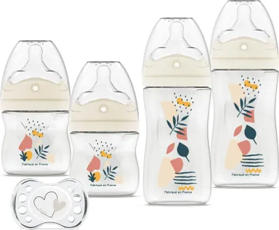 Produktbild von DODIE 4 Babyflaschen gegen Colik, mehrperforierter Sauger (2 x 150 ml und 2 x 270 ml), ein Baby-Sauger, Terrakotta