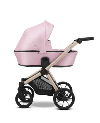 Immagine prodotto di Carrozzina Kunert BRAV 3in1 in ecopelle rosa con telaio champagne, ruote in gel e seggiolino auto
