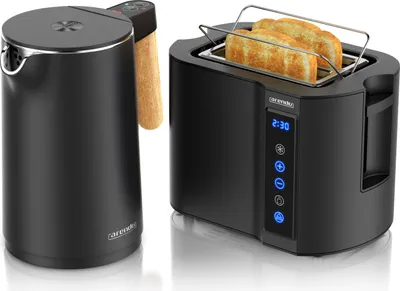 Immagine prodotto di Set da colazione Arendo in acciaio inox, bollitore con impostazione della temperatura 1,5l, tostapane 2 fette a fessura corta, piano per il pane, touch, nero