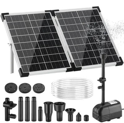 Produktbild von Solar Springbrunnen Gartenteich - 35W Solarpumpe - Solarpanel 47x32 cm Glas - 280 l/h Fördermenge - 8 Düsen & 2 Filter - Bürstenloser Motor