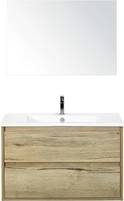 Produktbild von Sanox Badmöbel-Set Porto BxHxT 91 x 170 x 51 cm Frontfarbe eiche natur mit Waschtisch Keramik weiß, Waschtischunterschra