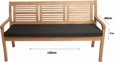 A wooden garden bench with a black cushion, shown with dimensions indicated by text overlays.