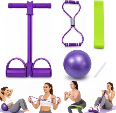 Produktbild von Fitness-Set für zu Hause, 4-teilig, mit Pedal-Widerstandsband und Griff, Multifunktions-Spannseil, Fitnessbändern und Pilates-Ball für Bauchmuskelübungen, Yoga und Fitness