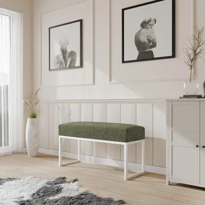 Produktbild von Moder Moderne gepolsterte Sitzbank mit stabilem Metallgestell - ideal für Flur, Schlafzimmer, Wohnzimmer oder Ankleidezimmer. WEIß/DRESSEME Moder Moderne gepolsterte Sitzbank mit stabilem Metallgestell – ideal für Flur, Schlafzimmer, Wohnzimmer oder Ankleidezimmer. 100 CM