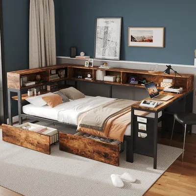 Produktbild von Merax Metallbett Tagesbett 120x200cm mit 2 Schubladen, Kinderbett mit Ablagefächern, Ladeanschluss und Seitentisch, Einzelbett mit Stofftasche,Schwarz