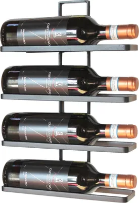 A metal wine rack mounted on a wall, holding four bottles of red wine.