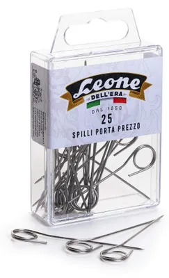 Productafbeelding van 25 stuks roestvrijstalen veiligheidsspelden (1,00 x 60) in een hangende verpakking, merk "Leonecolor"