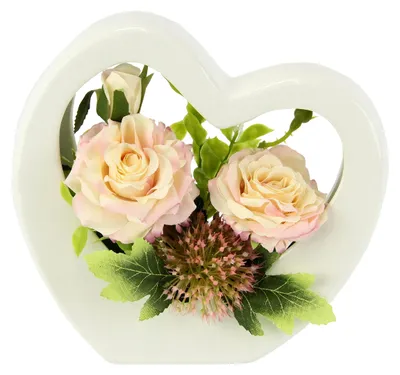 Produktbild von Blumenarrangement aus künstlichen Rosen in Keramikvase Herz Rosenstrauß