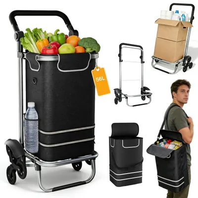 Produktbild von ROSEJANE 3-in-1 Einkaufstrolley klappbar mit Kühltasche, 56 L, bis 30 kg, Aluminiumgestell, Umhängetasche und Sackkarre, Schwarz, 3 Räder