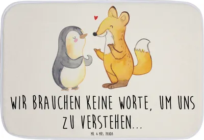 Produktbild von Mr. & Mrs. Panda Badematte Fuchs & Pinguin gehörlos - Weiß - Geschenk, Gebärdensprache, Badezimmer Matte, Badezimmerteppich, Duschvorleger, Badteppich, duschmatte