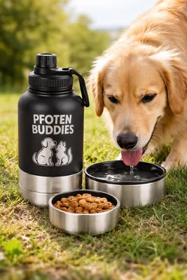Produktbild von 3-in-1 Hunde Trinkflasche aus Edelstahl (950 ml) – Wassernapf & Futterdose für unterwegs, Auto, Wandern, Reisen