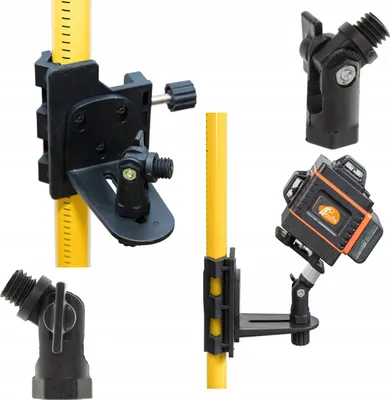 A collage of accessories for a laser level, including mounts and a pole clamp.