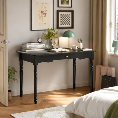 Produktbild von Schreibtisch Schwarz 116x60x74,5cm aus MDF mit Gummiholz-Schublade, goldener Knaufgriff, Lern- & Schminktisch für Schlafzimmer